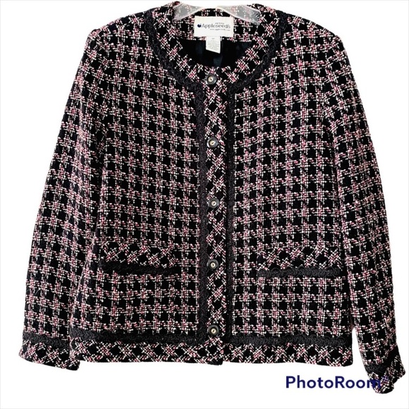 VINTAGE Tweed Structured Blazer Cropped Jacket Black Pink Size 8P - Picture 3 of 13